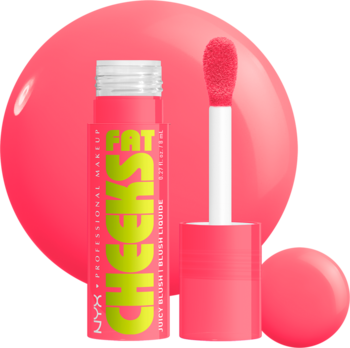 Róż w płynie NYX Fat Cheeks Juicy Blush, różowa tubka z zielonym napisem, obok aplikator z produktem.