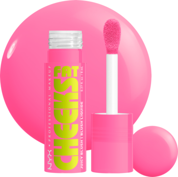 NYX Fat Cheeks Juicy Blush, Dragon Fruit Drip, różowy płynny róż z aplikatorem, na różowym tle. Widok z przodu.
