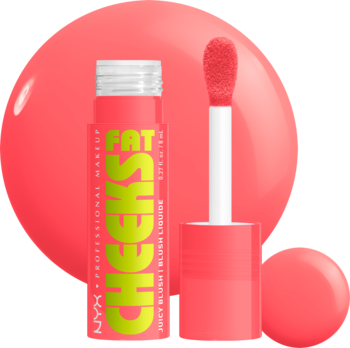 NYX Fat Cheeks Juicy Blush, koralowy płynny róż w tubce, widok z przodu z zielonym napisem i otwartym aplikatorem.