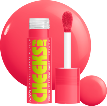 Otwarty NYX Fat Cheeks Juicy Blush w odcieniu Bouncin' Berry, różowa butelka, aplikator z soczystym płynem.