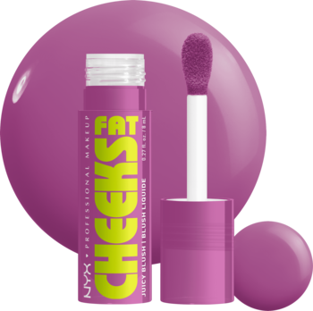 NYX FAT CHEEKS soczysty róż w płynie, purpurowa butelka z limonkowym napisem, otwarta z aplikatorem, na fioletowym tle.