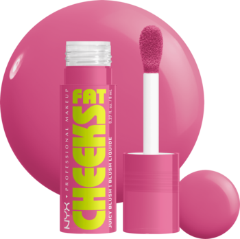 NYX Fat Cheeks Juicy Blush Liquid, różowy róż z zielonym napisem, butelka z aplikatorem, na różowym tle.