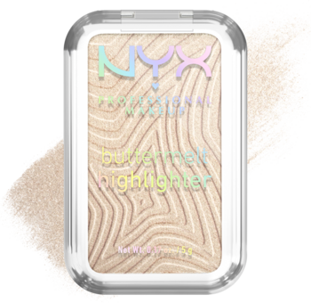 NYX Buttermelt rozświetlacz Bright & Butta, perłowy, w przezroczystej puderniczce, z reliefowym wzorem, widok z góry.