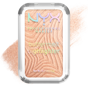 NYX Buttermelt rozświetlacz w kamieniu, odcień Glaze It Butta. Prostokątny kompakt z perłowym, falistym wzorem.