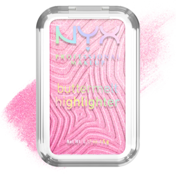 NYX Buttermelt rozświetlacz U Butta Werk w prostokątnym, przezroczystym opakowaniu. Różowy puder z falistym wzorem.