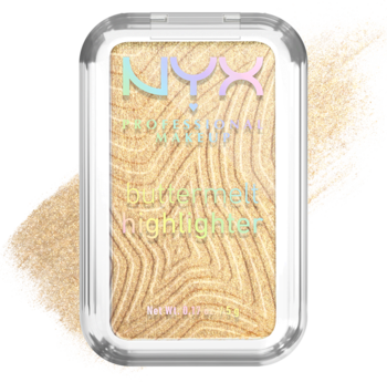 Rozświetlacz NYX Buttermelt w złotym odcieniu Butta Than Gold. Kompakt z wzorem stopionego masła, widok z góry.