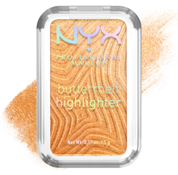 NYX Buttermelt highlighter Butta Bling, złoty pudrowy rozświetlacz o falistym wzorze w przezroczystej kasetce, widok z góry.