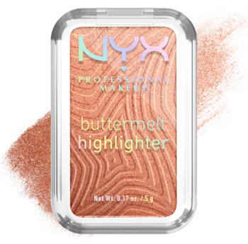 NYX Buttermelt Highlighter Butta in Bronze w prostokątnej kasetce. Brzoskwiniowo-brązowy, perłowy rozświetlacz z falistym wzorem.