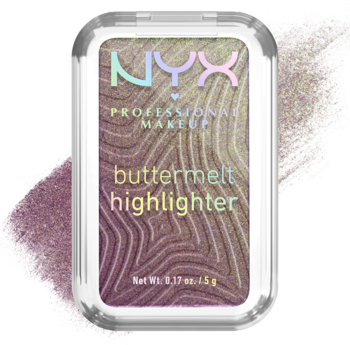 Rozświetlacz w kamieniu NYX Buttermelt Butta in Black, iryzujący fioletowo-złoty wzór, widok z przodu.