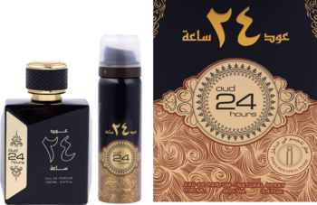 Zestaw Ard Al Zaafaran Oud 24 Hours: elegancka czarna butelka perfum i dezodorant, widok z przodu na jasnym tle.