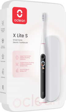 Oclean X Lite S smart sonic toothbrush, white, in its retail box with screen detail & travel case, front angled view.