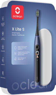 Smart szczoteczka soniczna Oclean X Lite S w ciemnoniebieskim pudełku, widok z przodu, z ekranem.