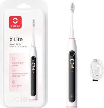 Biało-różowa szczoteczka soniczna Oclean X Lite z ekranem, w opakowaniu i obok z kablem USB.