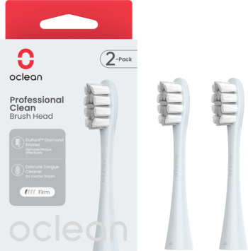 Widok opakowania i dwóch białych końcówek Oclean Professional Clean 2-pak, włókna DuPont, do szczoteczek sonicznych.