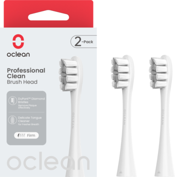 Białe soniczne końcówki Oclean Professional Clean (2 szt.) z włosiem DuPont, obok opakowania.