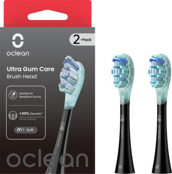 Oclean Ultra Gum Care 2-pack czarnych końcówek do szczoteczki, dla wrażliwych dziąseł, obok dwie luźne.