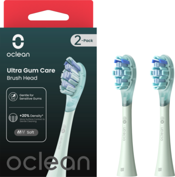 Opakowanie 2 końcówek Oclean Ultra Gum Care, mint green, z miękkim włosiem, obok 2 pojedyncze końcówki.