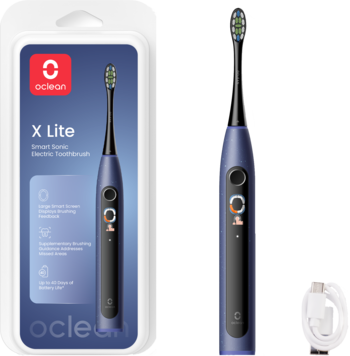 Niebieska szczoteczka soniczna Oclean X Lite z inteligentnym ekranem, w opakowaniu i z kablem.