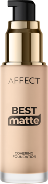 Beżowy podkład Affect Best Matte Covering Foundation, matowa butelka ze złotą pompką, widok z przodu.