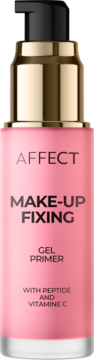 Różowy AFFECT Make-up Fixing Gel Primer z peptydem i witaminą C, butelka z złotą pompką, widok z przodu.