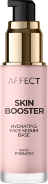 Różowa matowa butelka Affect Skin Booster, nawilżająca baza z prebiotykiem, ze złotą pompką, widok z przodu.