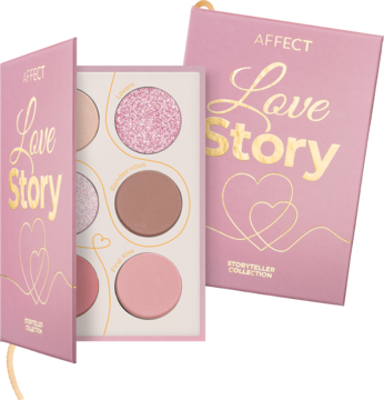 Różowa paleta cieni Affect Love Story Storyteller, otwarta jak książeczka, 6 cieni: matowe róże, brązy i 2 błyszczące.