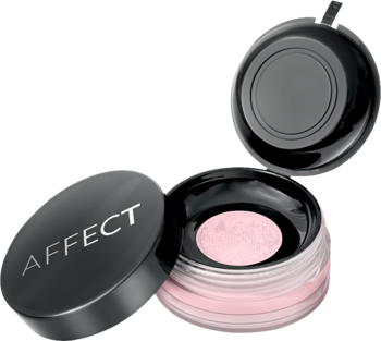 Zbliżenie na otwarte opakowanie sypkiego pudru matującego Affect Best Matte Velvet Pink. Widoczny jasnoróżowy puder.