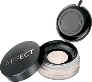Affect Best Matte matujący sypki puder do bakingu, otwarty słoiczek z białym pudrem i logo AFFECT na nakrętce.