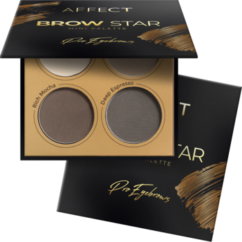Otwarta paleta Affect Brow Star z czterema cieniami do brwi: Rich Mocha, Deep Espresso, w czarno-złotym opakowaniu.