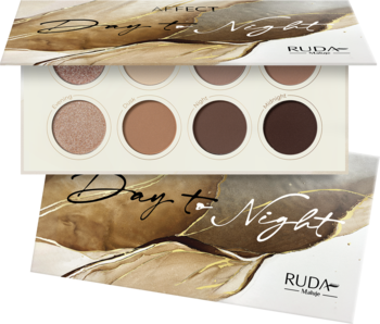 Paleta cieni Affect Day to Night, otwarta, 8 odcieni beżu i brązu: 2 błyszczące i 6 matowych. Widoczne opakowanie.