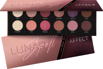 Affect Lunar Spell paleta cieni prasowanych. Widok 12 cieni: matowe i błyszczące odcienie różu, brązu, fioletu.