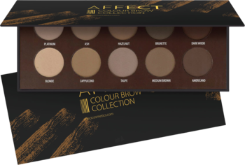 Affect Colour Brow Collection, otwarta paleta cieni do brwi, 10 brązowych odcieni, czarne opakowanie ze złotymi detalami.