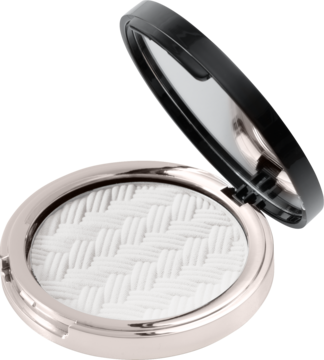 Affect Ideal Blur transparentny puder wygładzający pod oczy w otwartym, metalicznym kompakcie, biały z plecionym wzorem.