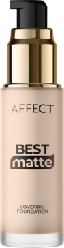 Matujący podkład kryjący Affect Best Matte w beżowej butelce z czarną pompką, widok z przodu.