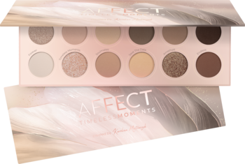 Paleta cieni Affect Timeless Moments, 12 nude odcieni (matte/błysk), otwarta na jasnoróżowym tle.