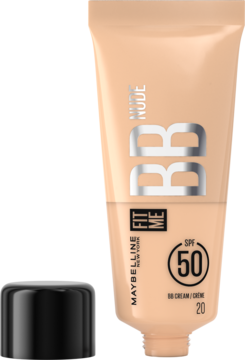 Tubka kremu BB Maybelline Fit Me Nude SPF 50 w beżowym kolorze, z czarną odkręconą zakrętką, widok z przodu.
