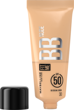 Beżowy krem BB Maybelline Fit Me Nude SPF 50 w tubce z czarną zakrętką, widok z przodu.