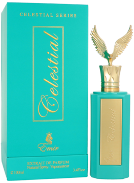 Emir Celestial Extrait de Parfum, turkusowa butelka ze złotym napisem i korkiem ze skrzydłami, obok pasujące pudełko.