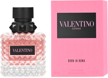 Woda perfumowana Valentino Donna Born in Roma: butelka z różowym płynem i ćwiekami oraz różowe pudełko.