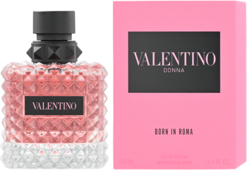 Valentino Donna Born in Roma damska EDP, różowa butelka z ćwiekami i czarną etykietą, obok różowe pudełko.