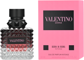 Damska woda perfumowana Valentino Donna Born In Roma Intense: butelka z ćwiekami i różowe pudełko obok siebie.