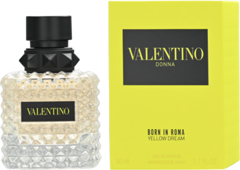 Valentino Donna Born In Roma Yellow Dream w szklanej butelce z ćwiekami i żółtym pudełkiem, widok z przodu.