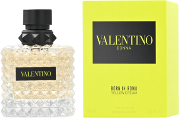 Valentino Donna Born In Roma Yellow Dream woda perfumowana. Teksturowana butelka obok żółtego opakowania.