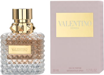 Valentino Donna woda perfumowana. Złoty, teksturowany flakon z błyszczącym płynem i jasnoróżowe pudełko.