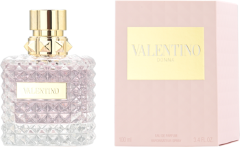 Damska woda perfumowana Valentino Donna EDP, butelka z kryształową fakturą i różowe opakowanie, widok z przodu.