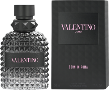 Męska woda toaletowa Valentino Born In Roma Uomo: czarna butelka z ćwiekami i pasujące eleganckie pudełko.