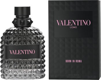 Valentino Born In Roma Uomo męska woda toaletowa, ciemna butelka i pudełko z ćwiekami, widok z przodu.