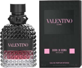 Męska woda perfumowana Valentino Uomo Born in Roma Intense, flakon z ćwiekami i czarne pudełko, widok z przodu.