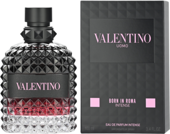 Valentino Uomo Born in Roma Intense: czarna butelka z ćwiekami, różowym logo i czerwoną esencją, obok czarne pudełko.