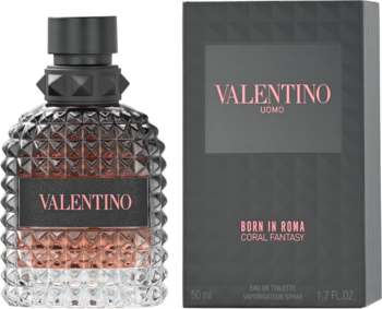 Valentino Born In Roma Coral Fantasy, męska woda toaletowa: koralowa butelka i czarne, matowe pudełko, widok z przodu.